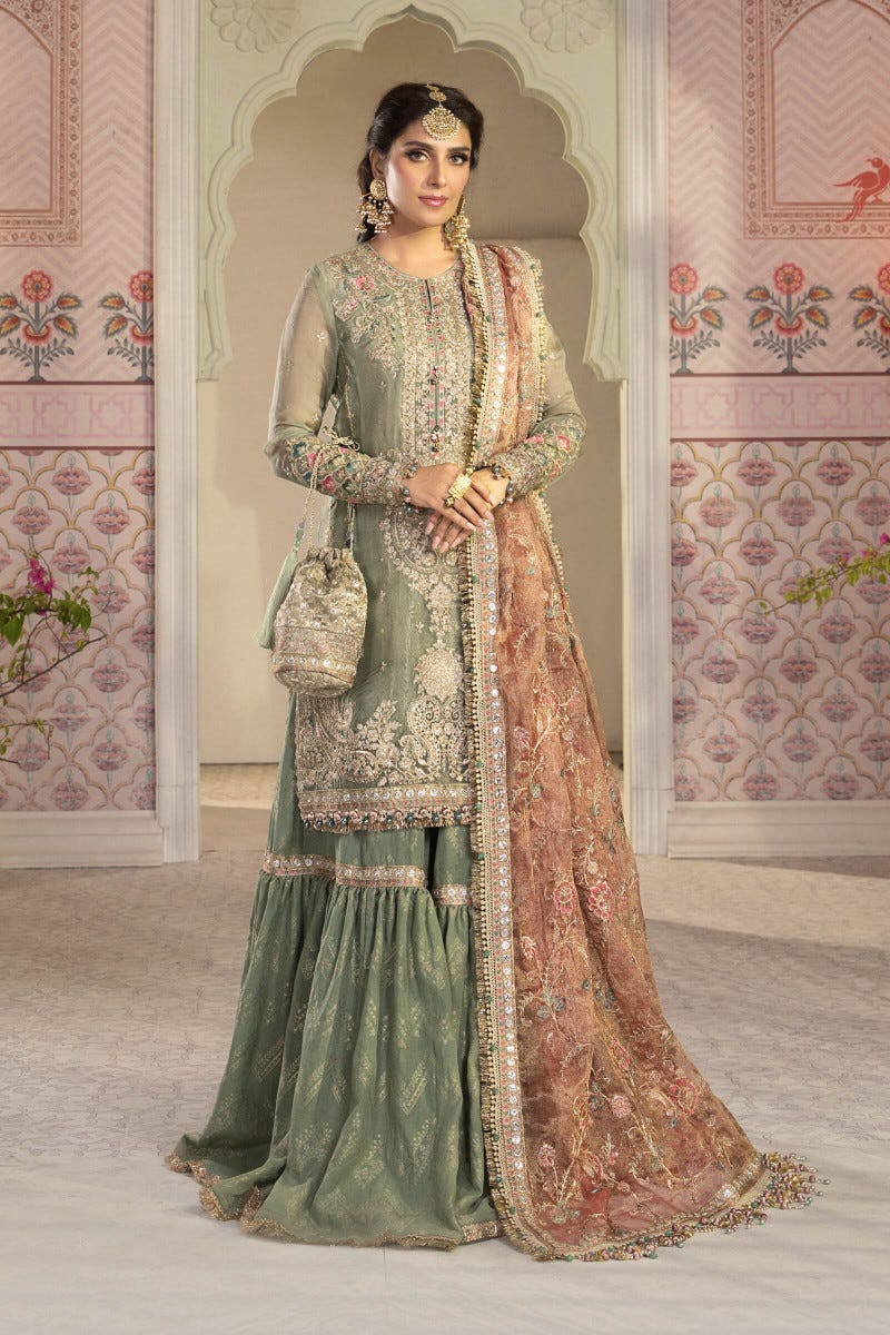 Mbroidered Ready to Wear Pistachio Green and Salmon pink BD 2205