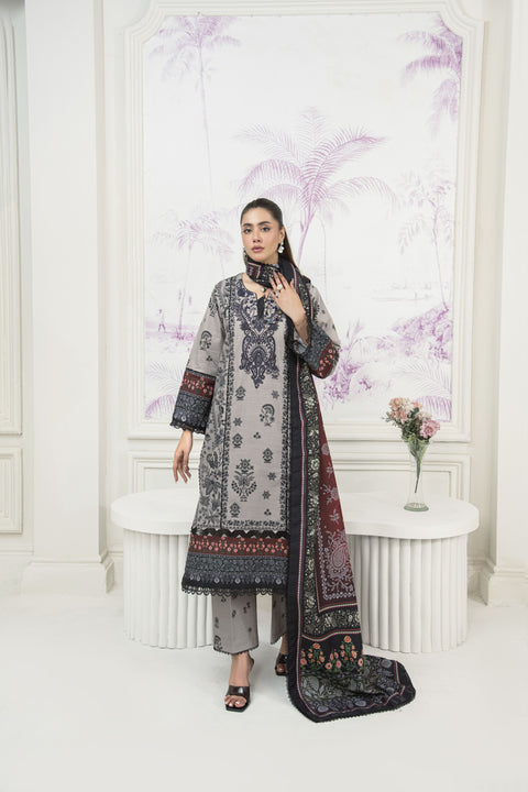 Grey Embroidered 3pc Khaddar Winter Suit SKK5