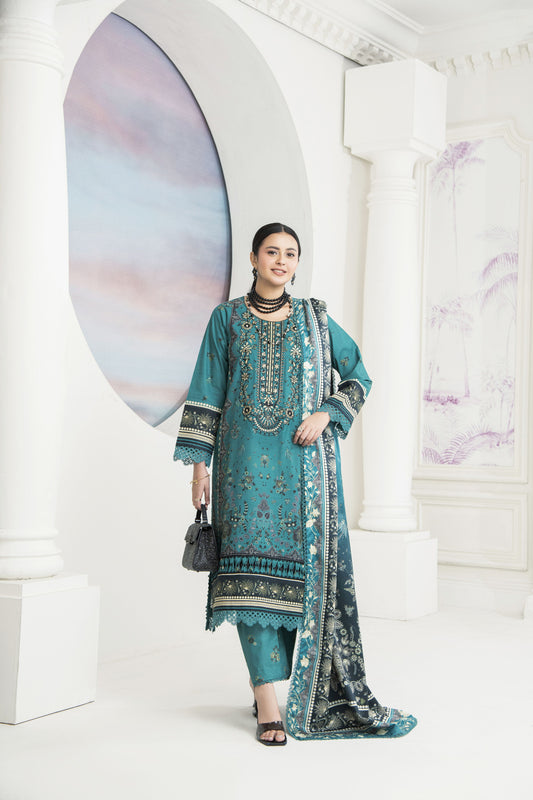 Turquoise Digital Printed Embroidered Khaddar Winter Suit SKK8