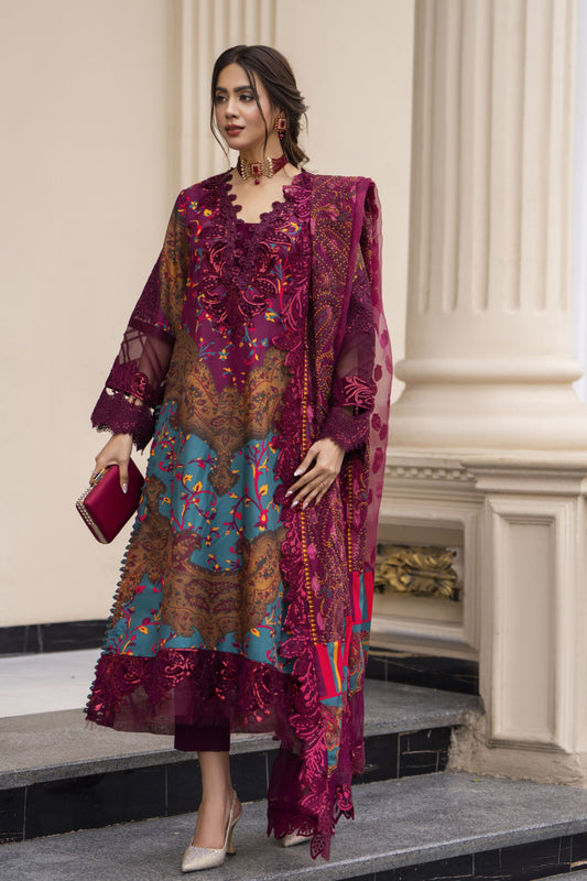 Arwah Embroidered Digital Printed Grip Dress with Velvet Accents SSA20