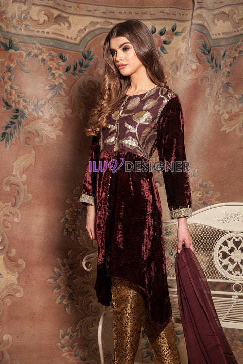 Velvet Embroidered Dress with pearls detailing by Simrans