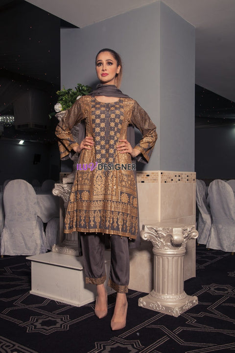 Ready to Wear Linen block printed Handworked Winter dress by Sakeena Hasan