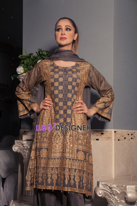 Ready to Wear Linen block printed Handworked Winter dress by Sakeena Hasan