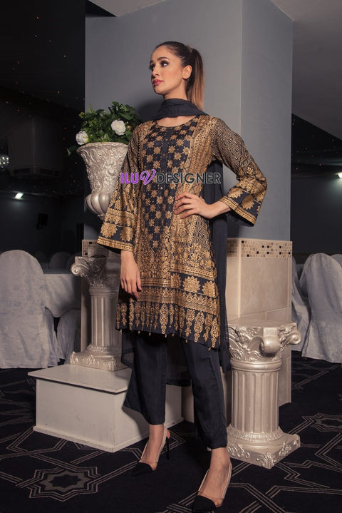 Ready to Wear Linen block printed Handworked Winter dress by Sakeena Hasan