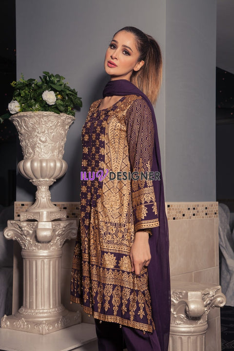 Ready to Wear Linen block printed Handworked Winter dress by Sakeena Hasan