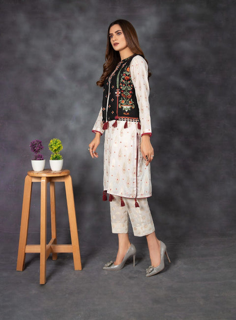 Ready to Wear Jacquard Embroidered Waist Coat 2 Pcs Dress by Zaiwa 07